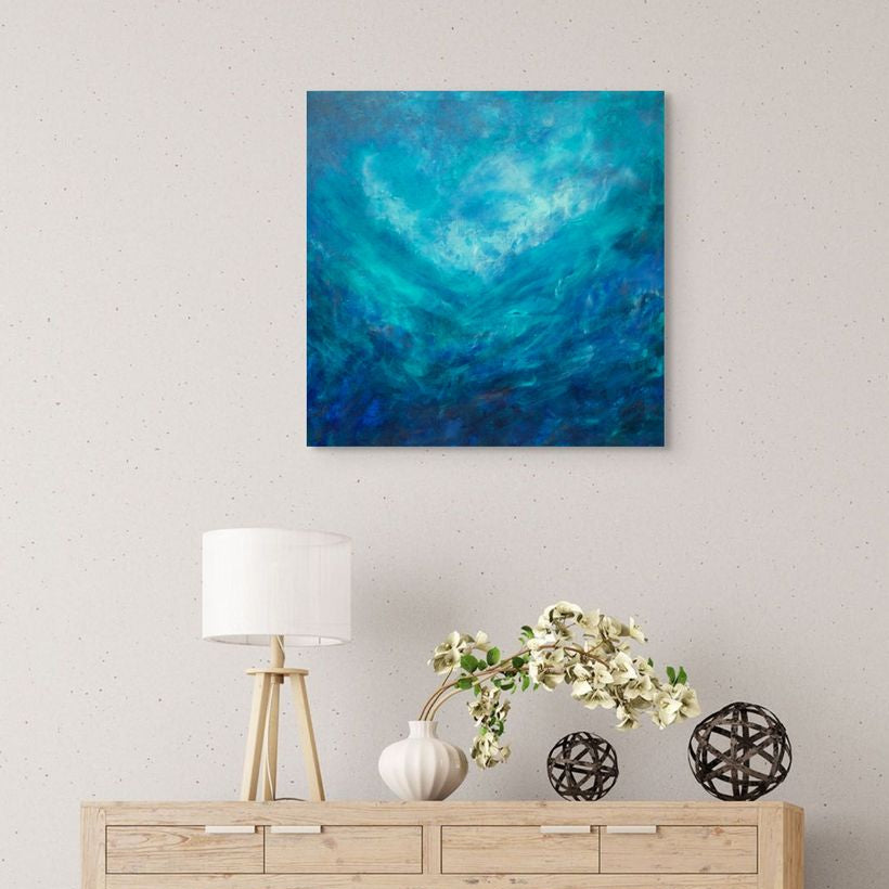 Abstract painting of sea, Swiss blue surf, original canvas painting