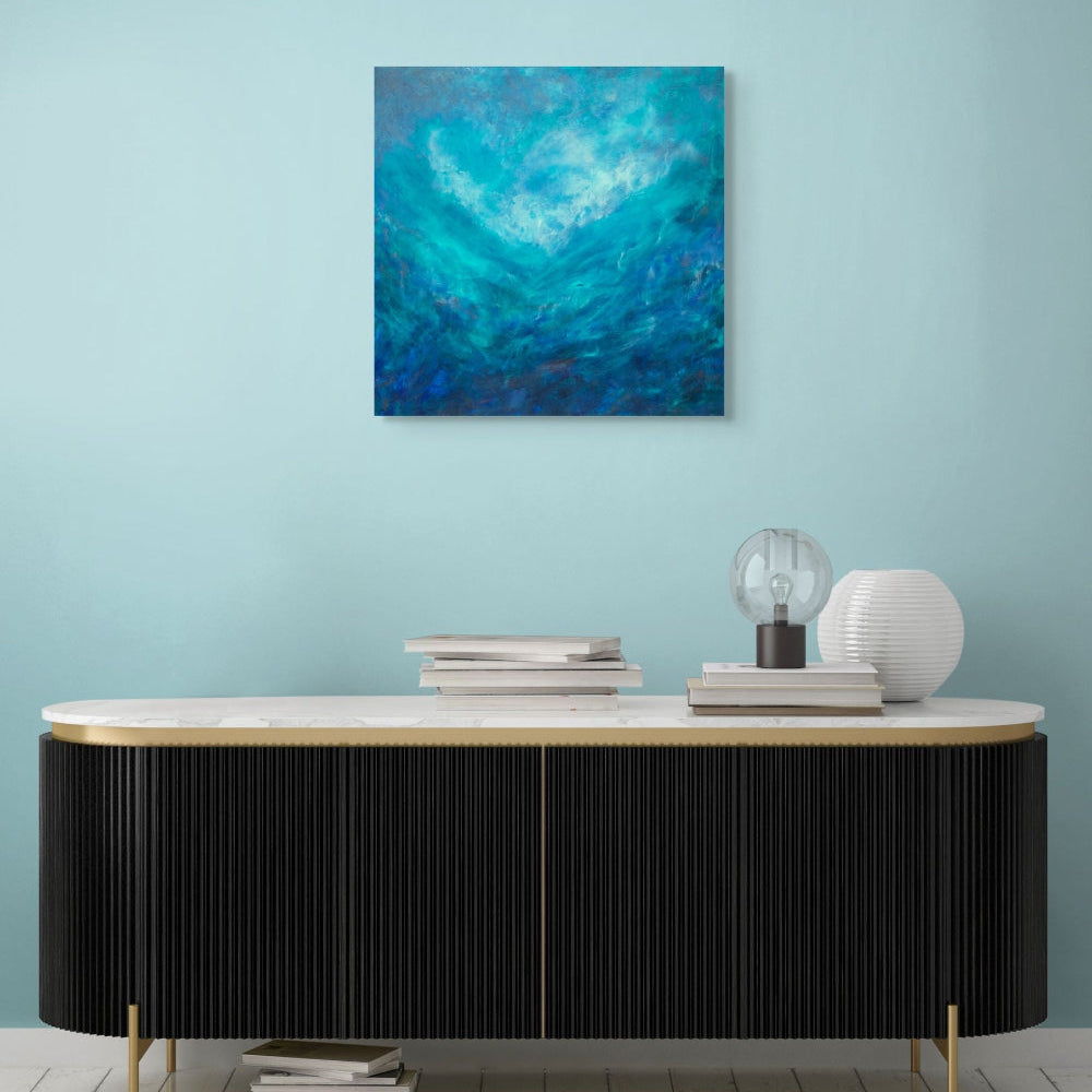 Abstract painting of blue, green, sea, Swiss blue surf, original canvas painting