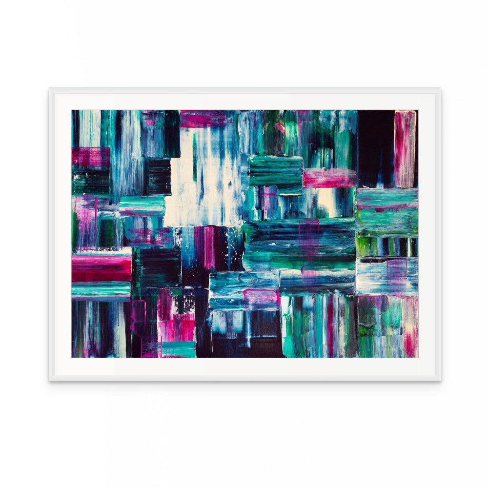 Framed abstract art print with colorful brush strokes on a white background