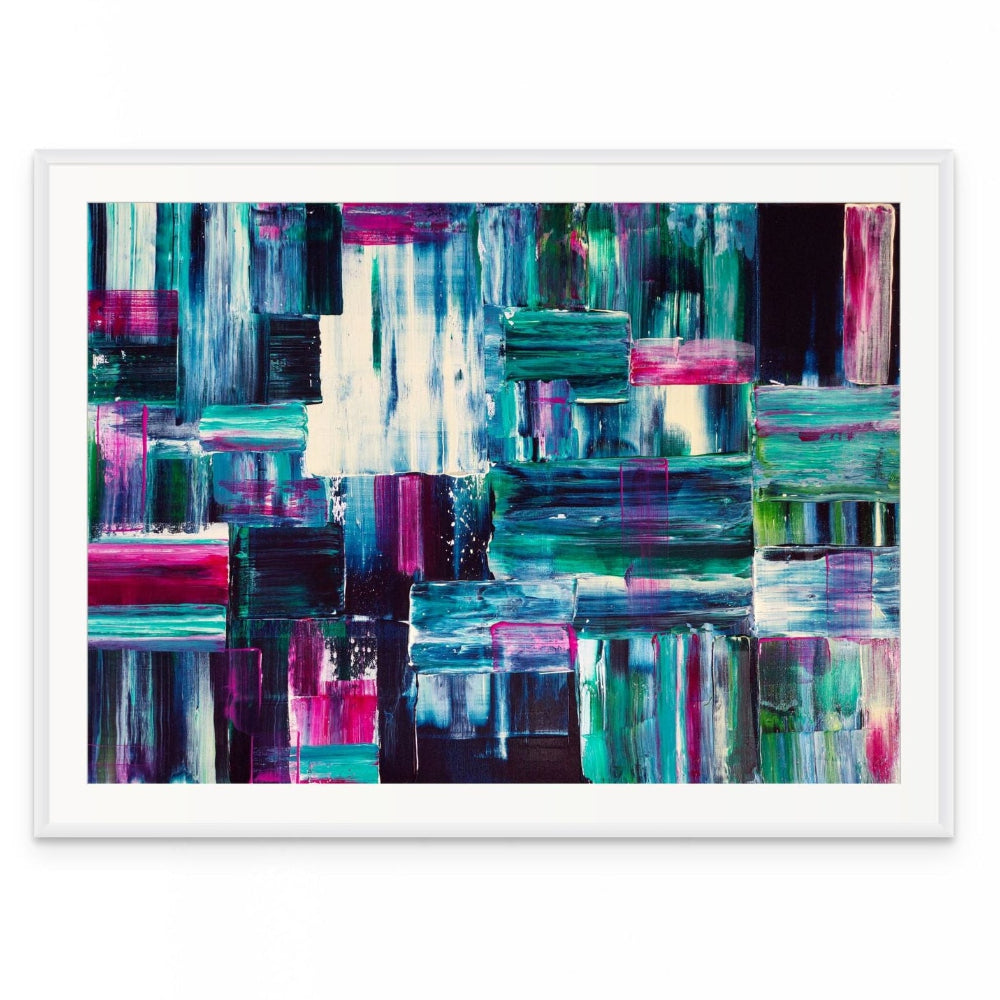 Framed abstract art print with colorful brush strokes on a white background