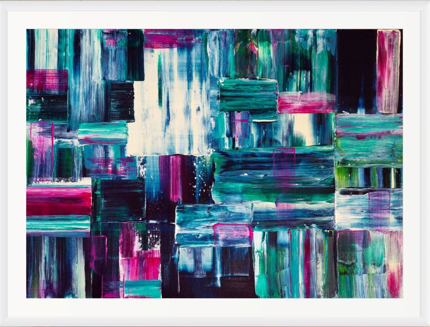 Abstract art piece with vibrant colors on a white background