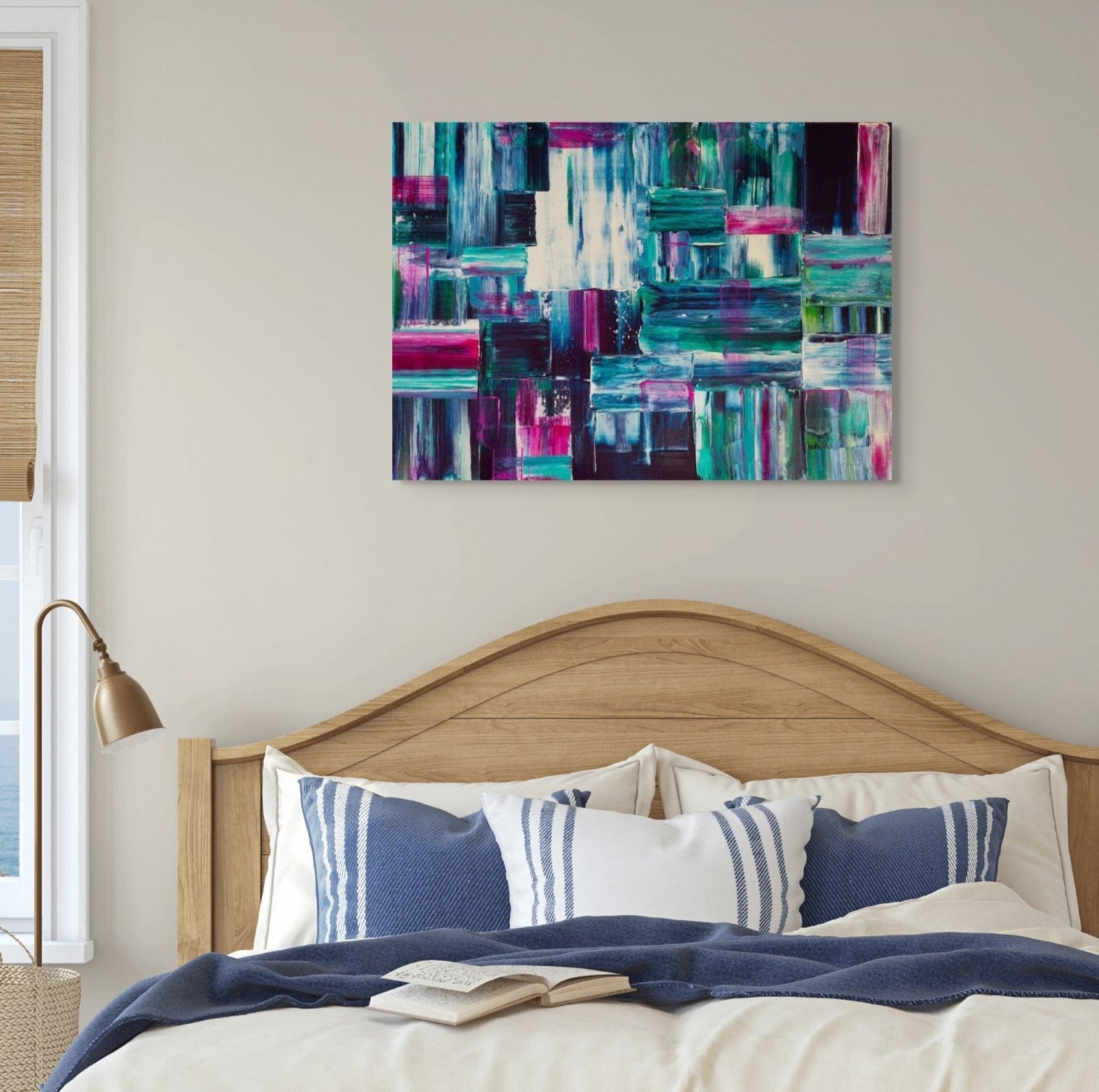 Bedroom with abstract art above the bed