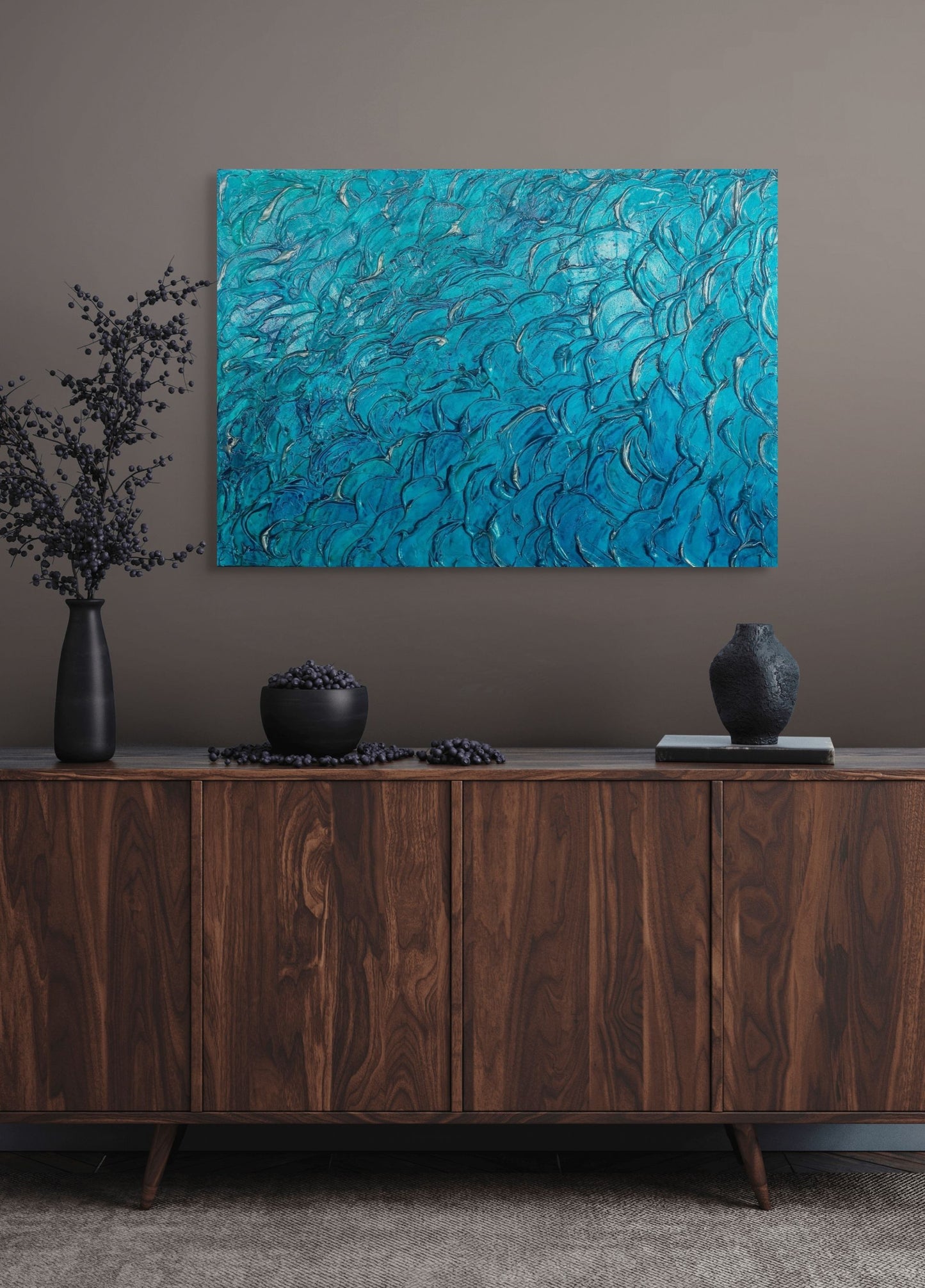 Heavily textured aqua blue painting on canvas, Tidal I Julie Bevan Art