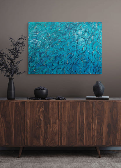 Heavily textured aqua blue painting on canvas, Tidal I Julie Bevan Art