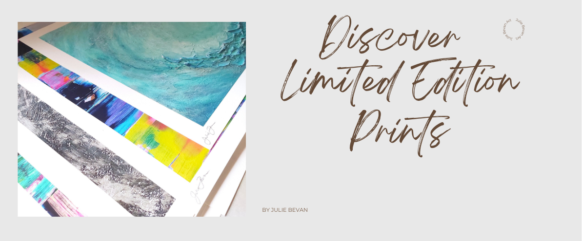 Promotional banner for limited edition prints with colorful artworks by Julie Bevan