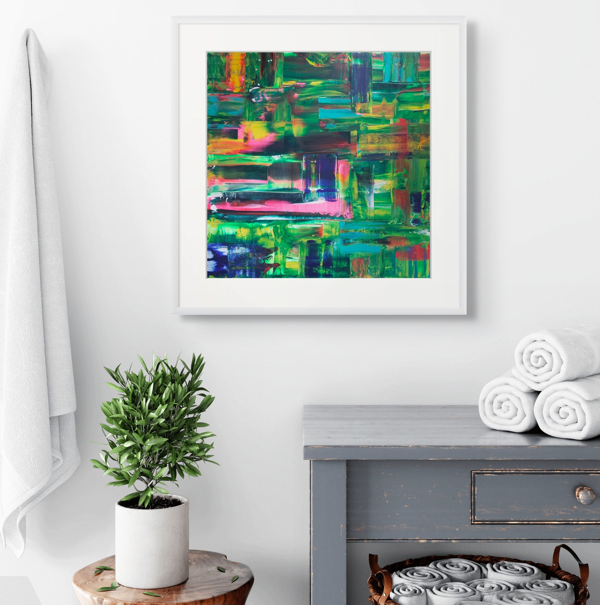 Wilderness limited edition print abstract in nature with greens, pink, blue