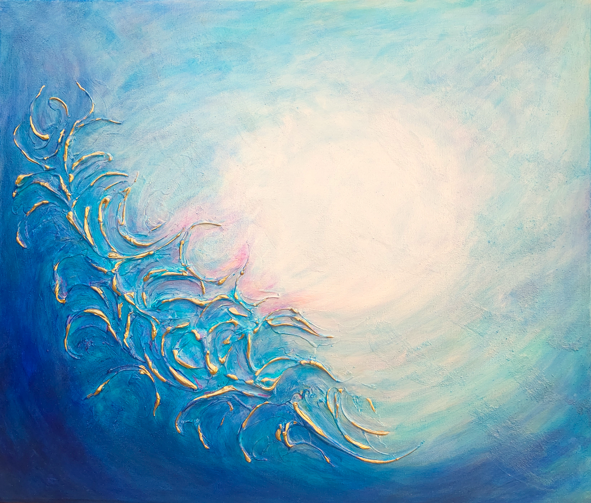 Abstract seascape painting with blue and gold wave design on a light blue turquoise original painting