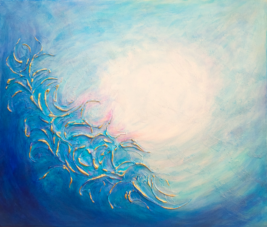 Abstract seascape painting with blue and gold wave design on a light blue turquoise original painting