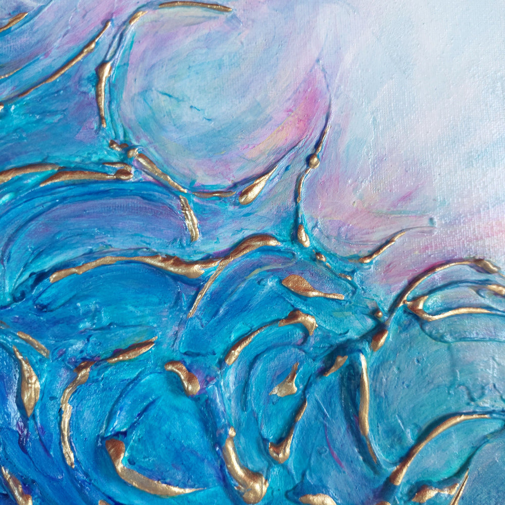 Abstract seascape painting with blue and gold wave design on a light blue turquoise original painting, wolf moon, close up