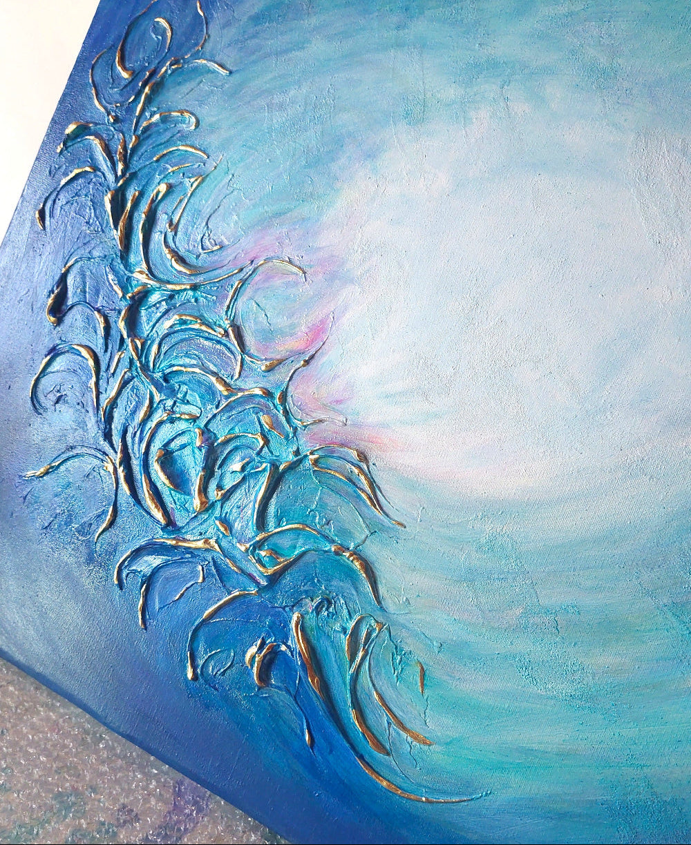 Abstract seascape painting with blue and gold wave design on a light blue turquoise original painting, wolf moon, close up