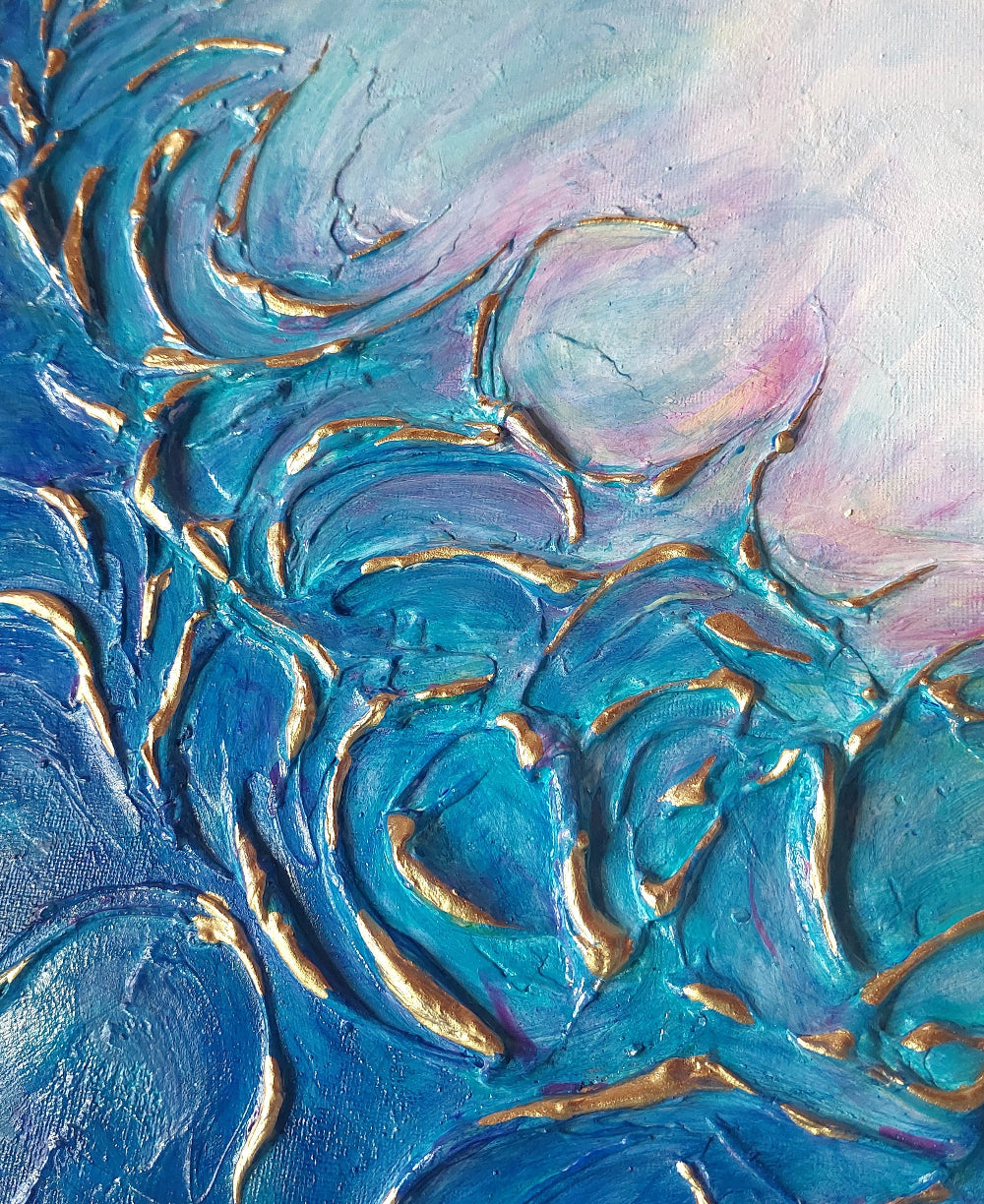 Abstract seascape painting with blue and gold wave design on a light blue turquoise original painting, wolf moon, close up