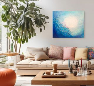 Wolf Moon Abstract Canvas Painting Living room with a couch, coffee table, and wall art