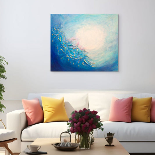 Abstract seascape painting with blue and gold wave design on a light blue turquoise original painting, wolf moon, 