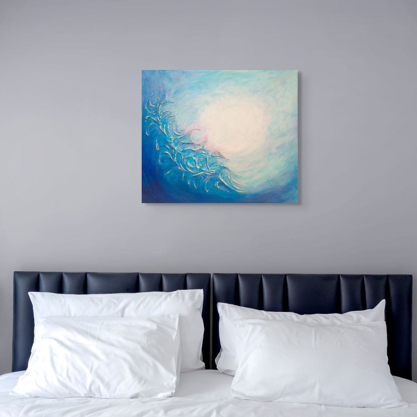 Abstract seascape painting with blue and gold wave design on a light blue turquoise original painting, wolf moon, close up