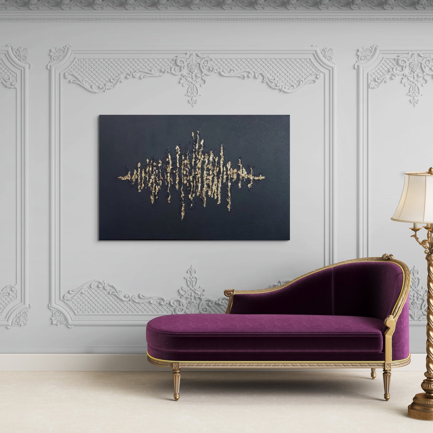 Black textured painting with gold leaf overlay hanging above a purple daybed.