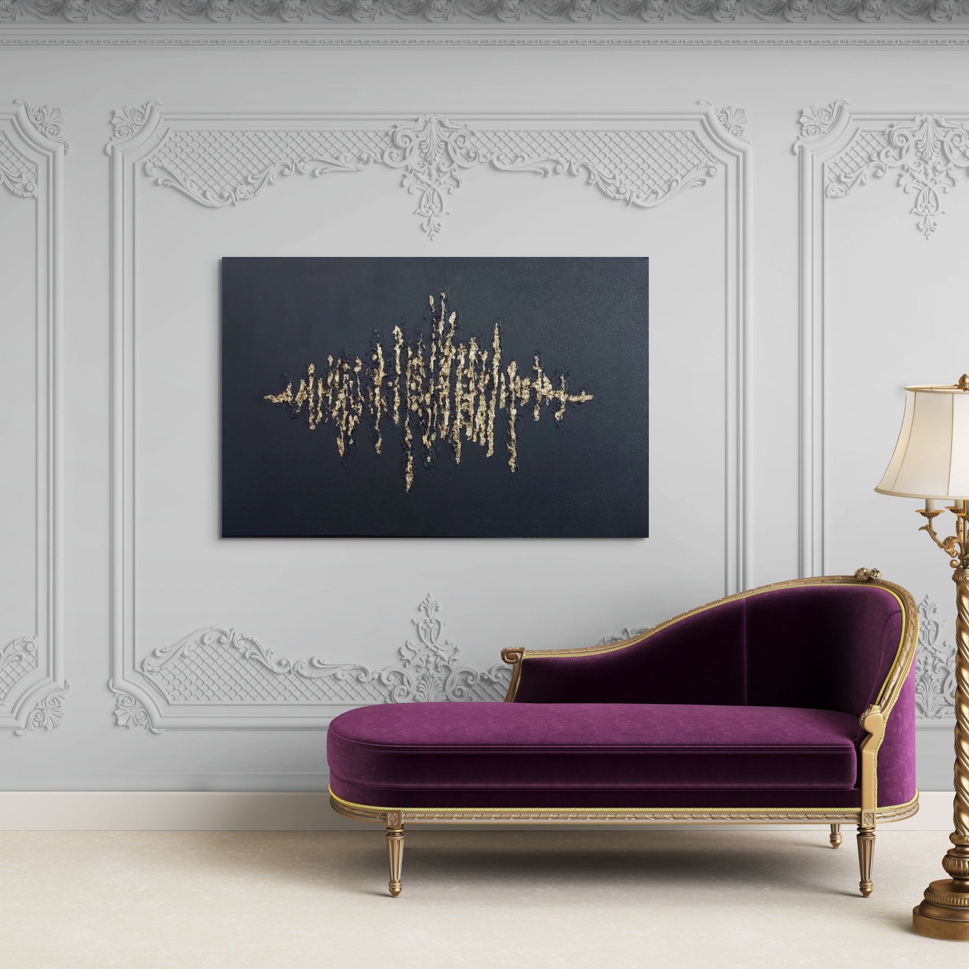 Black textured painting with gold leaf overlay hanging above a purple daybed.