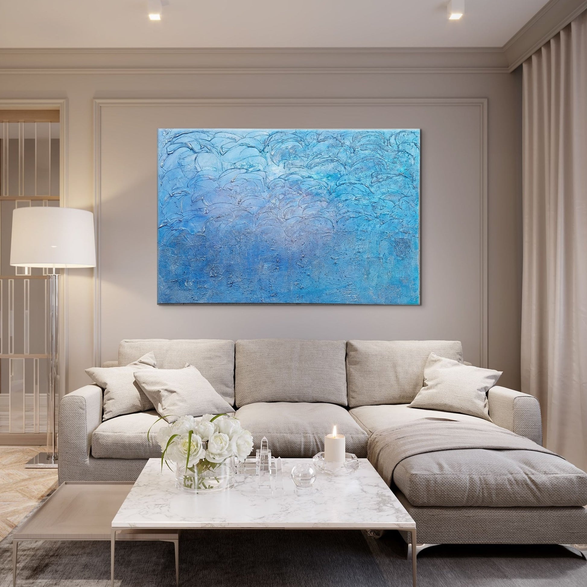 Blue and pink textured acrylic painting