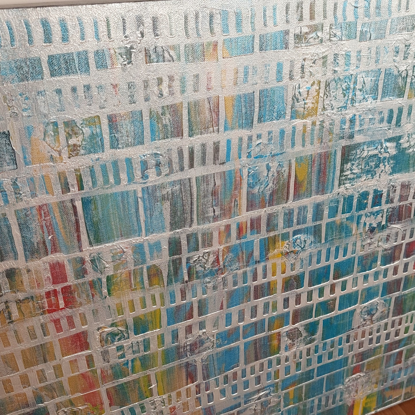 Multi-colour original canvas acrylic painting with silver overlay