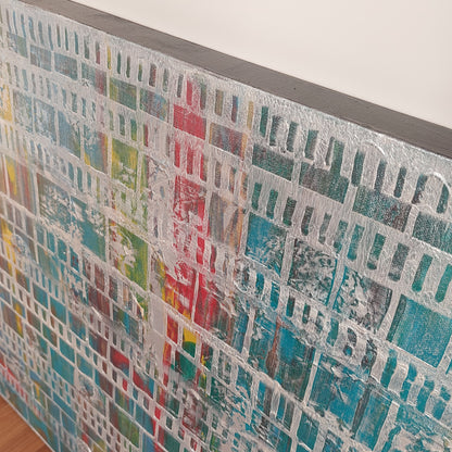 Multi-colour original canvas acrylic painting with silver overlay