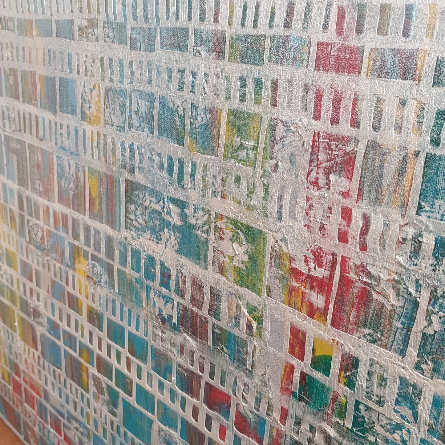 Multi-colour original canvas acrylic painting with silver overlay